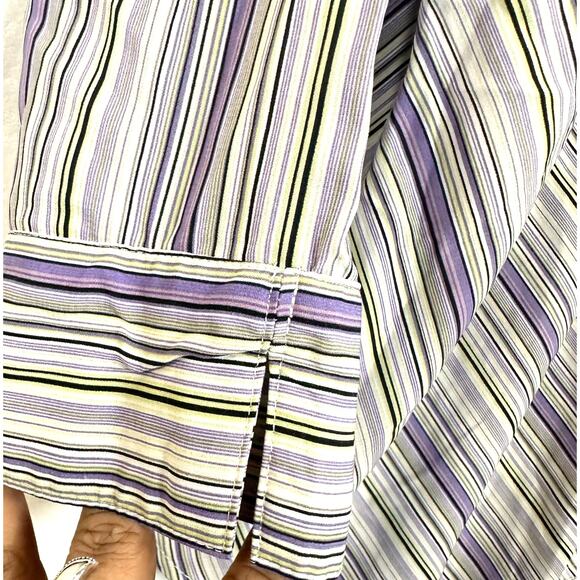 Y2K Notations XL Purple Striped Top Buttoned Asymmetrical Stretch Work‎ 3/4 90s - Picture 2 of 10